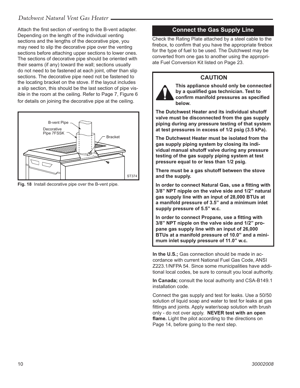 Dutchwest natural vent gas heater, Connect the gas supply line, Caution | Vermont Casting 2467 User Manual | Page 10 / 28