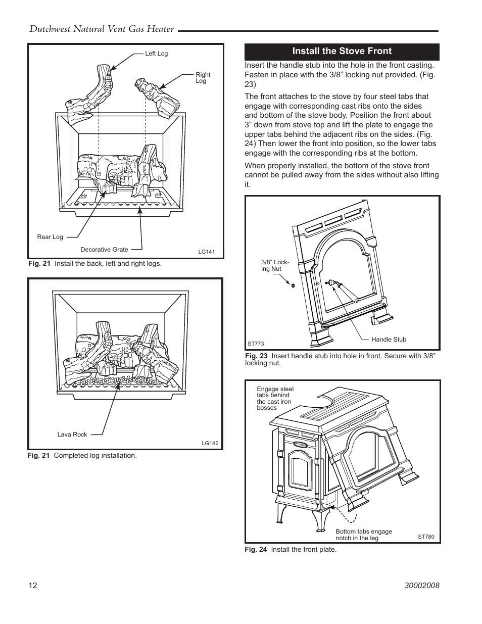 Dutchwest natural vent gas heater, Install the stove front | Vermont Casting 2467 User Manual | Page 12 / 28