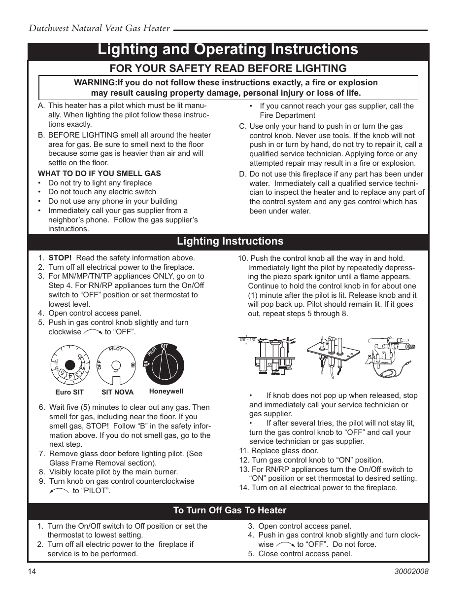 Lighting and operating instructions, For your safety read before lighting, Lighting instructions | Dutchwest natural vent gas heater | Vermont Casting 2467 User Manual | Page 14 / 28