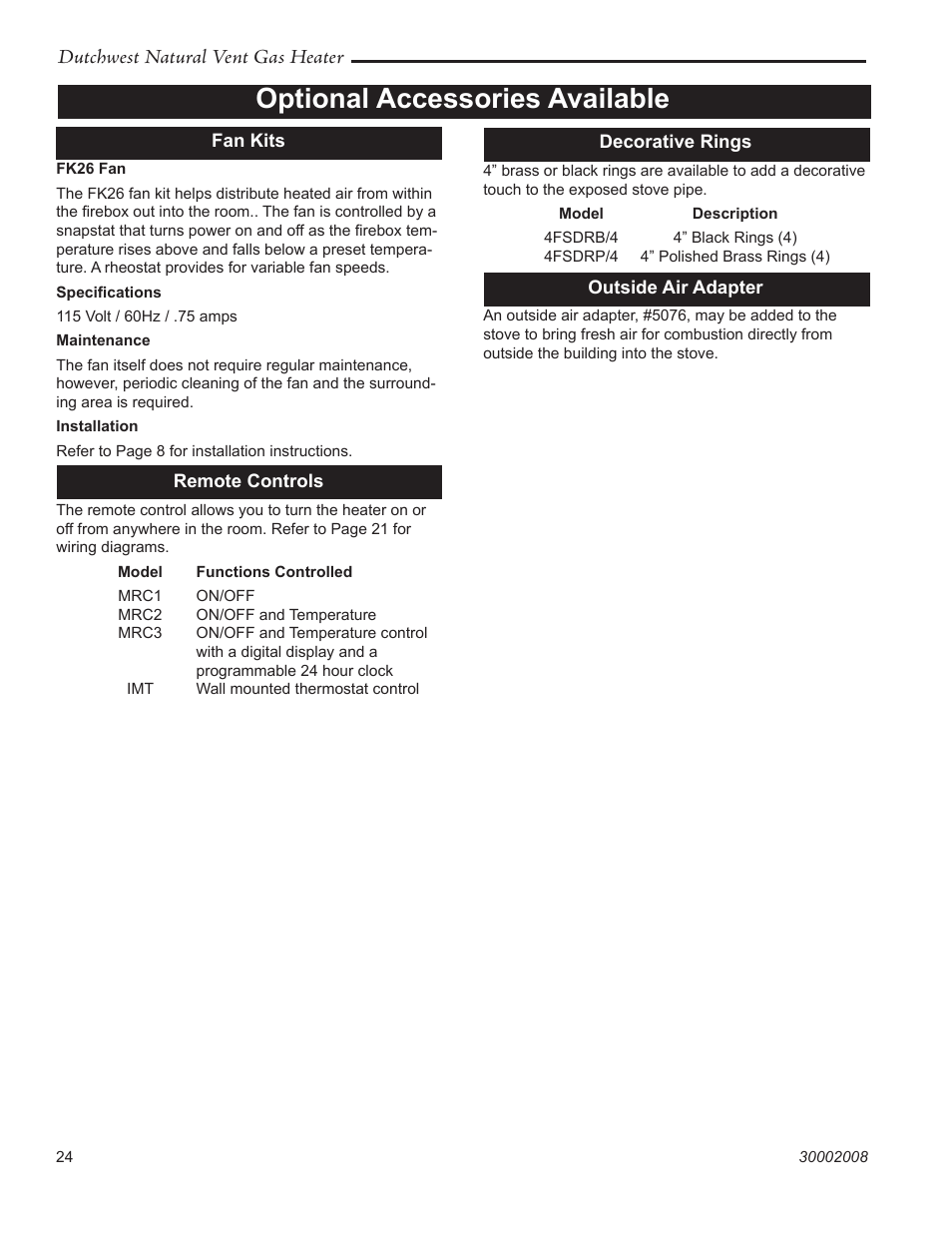Optional accessories available, Dutchwest natural vent gas heater | Vermont Casting 2467 User Manual | Page 24 / 28