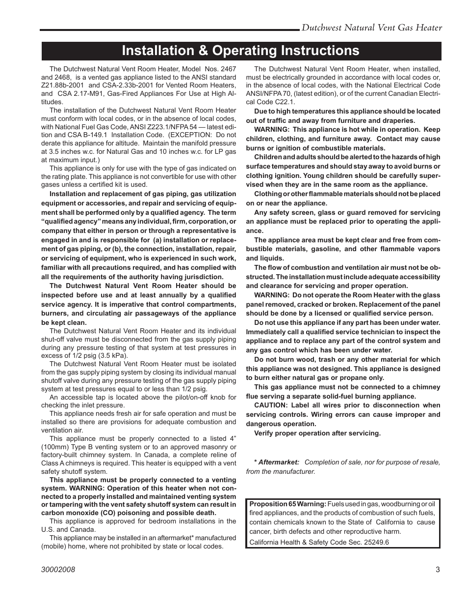 Installation & operating instructions, Dutchwest natural vent gas heater | Vermont Casting 2467 User Manual | Page 3 / 28