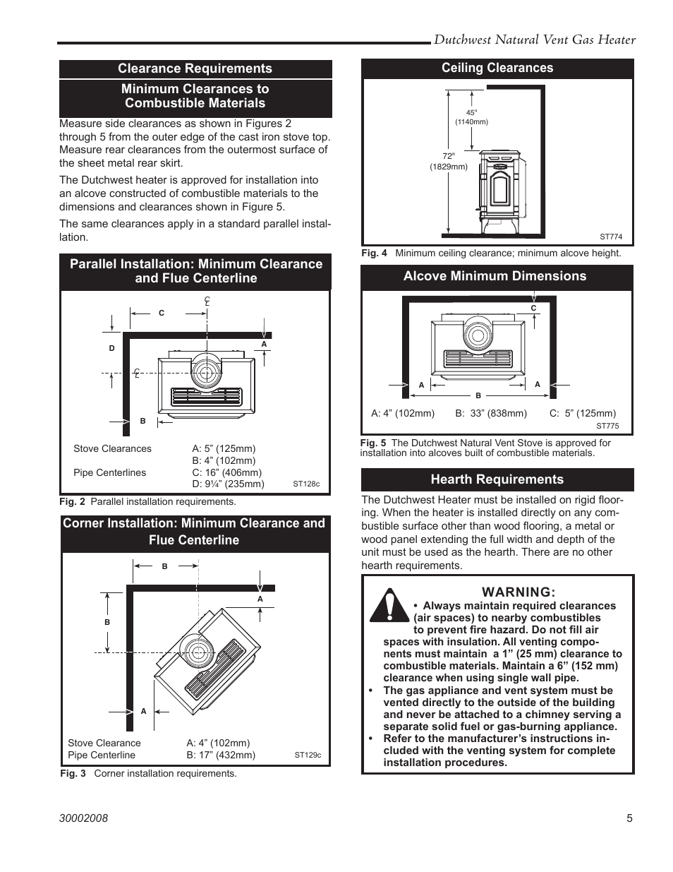 Dutchwest natural vent gas heater, Hearth requirements, Warning | Ceiling clearances, Alcove minimum dimensions | Vermont Casting 2467 User Manual | Page 5 / 28