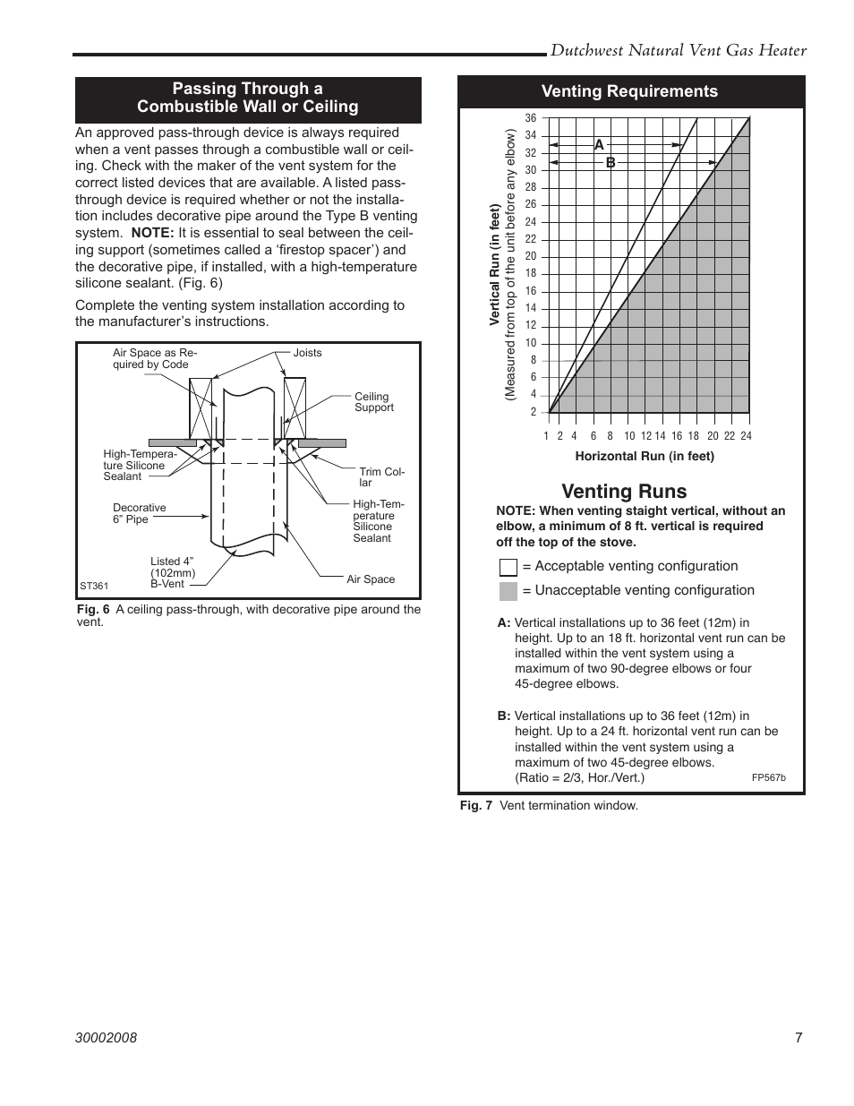 Venting runs, Dutchwest natural vent gas heater, Passing through a combustible wall or ceiling | Venting requirements | Vermont Casting 2467 User Manual | Page 7 / 28