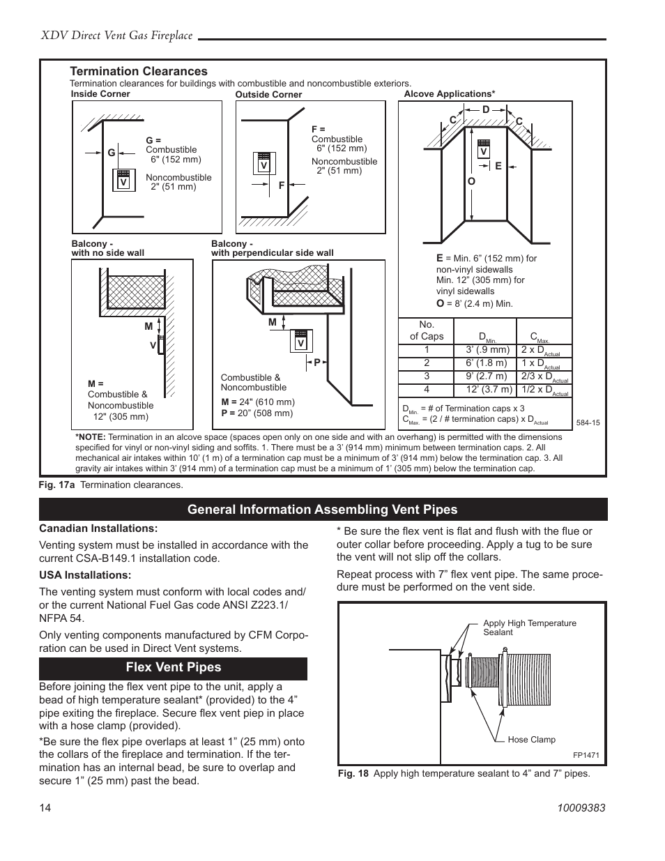 Fp1471 flex vent, Xdv direct vent gas fireplace, General information assembling vent pipes | Flex vent pipes, Termination clearances | Vermont Casting 36XDV User Manual | Page 14 / 56