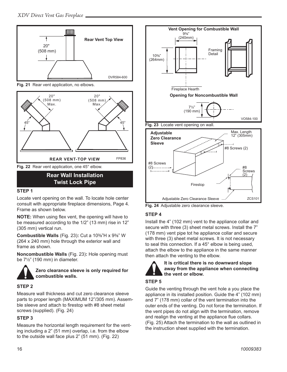 Xdv direct vent gas fireplace, Rear wall installation twist lock pipe | Vermont Casting 36XDV User Manual | Page 16 / 56