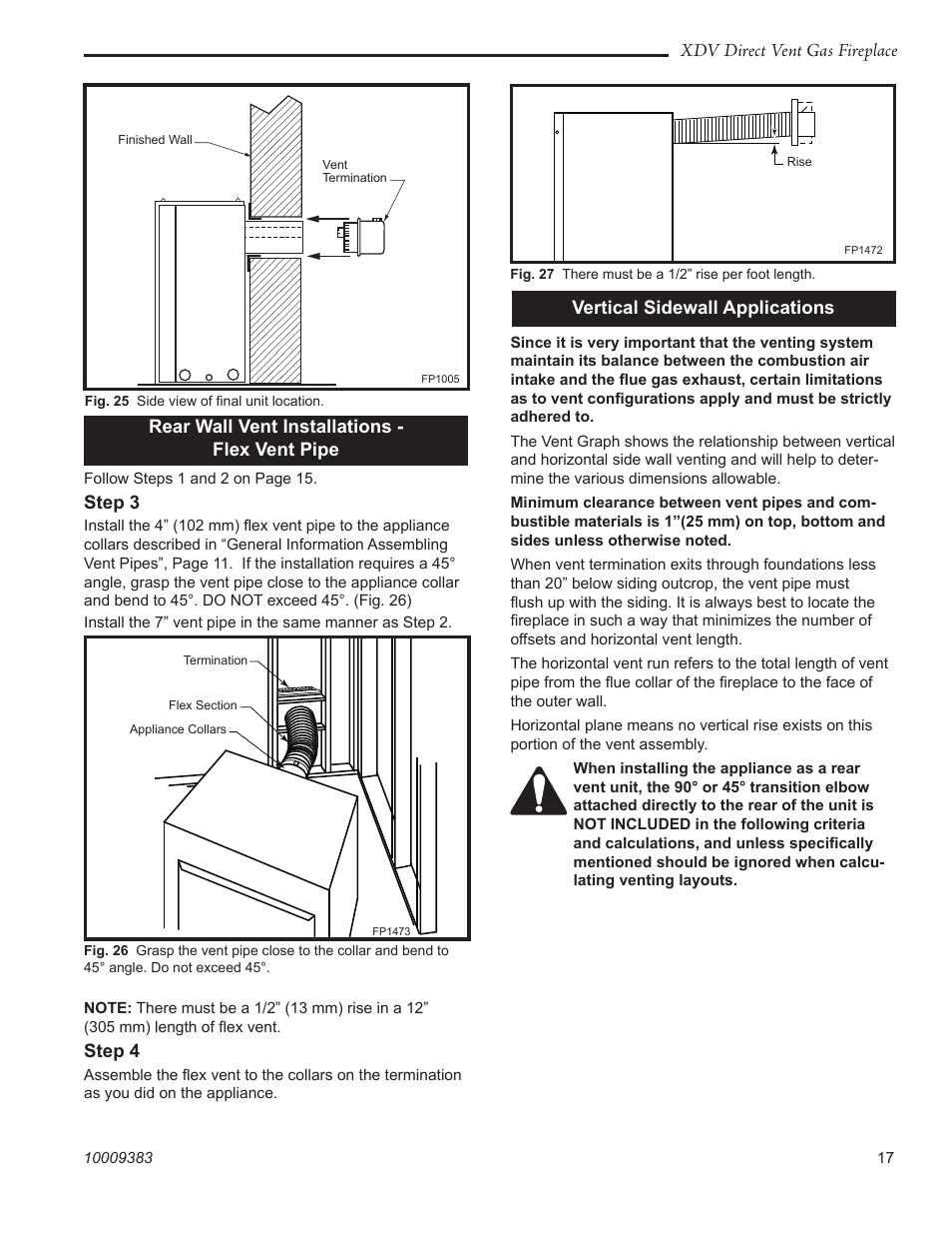 Xdv direct vent gas fireplace, Rear wall vent installations - flex vent pipe, Step 3 | Step 4, Vertical sidewall applications | Vermont Casting 36XDV User Manual | Page 17 / 56