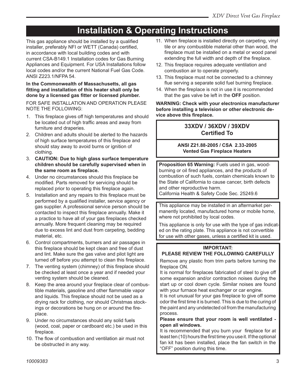 Installation & operating instructions | Vermont Casting 36XDV User Manual | Page 3 / 56