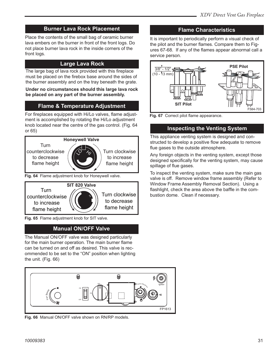 Xdv direct vent gas fireplace large lava rock, Burner lava rock placement, Flame & temperature adjustment | Manual on/off valve, Flame characteristics, Inspecting the venting system | Vermont Casting 36XDV User Manual | Page 31 / 56