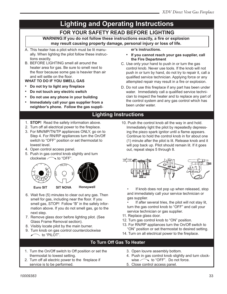 Lighting and operating instructions, For your safety read before lighting, Lighting instructions | Xdv direct vent gas fireplace | Vermont Casting 36XDV User Manual | Page 33 / 56