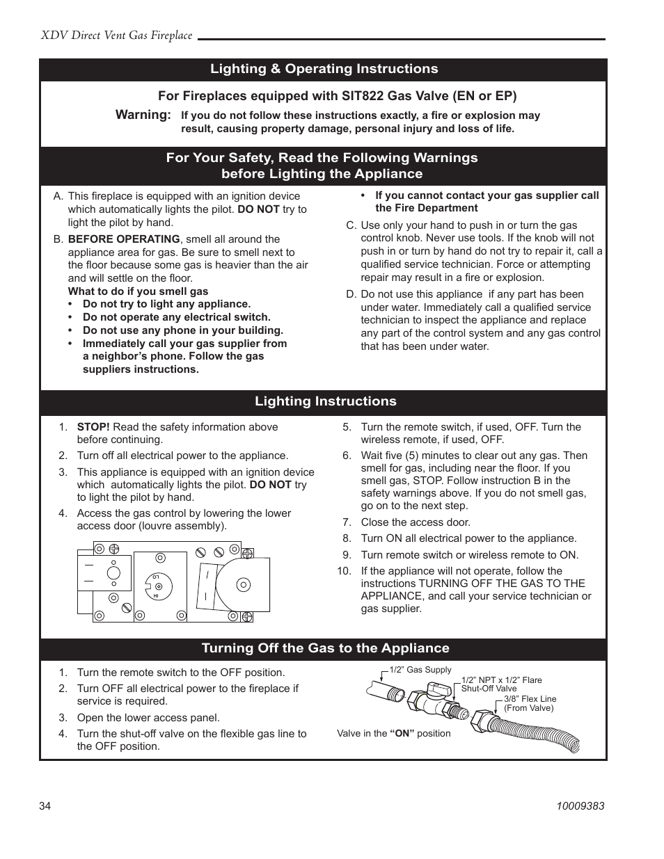 Xdv direct vent gas fireplace, Lighting & operating instructions, Warning | Vermont Casting 36XDV User Manual | Page 34 / 56