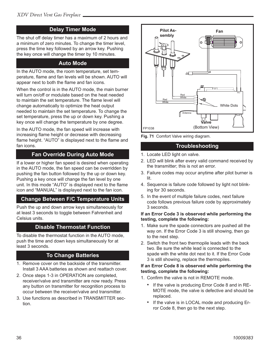 Xdv direct vent gas fireplace, Delay timer mode, Auto mode | Fan override during auto mode, Change between f/c temperature units, Disable thermostat function, Troubleshooting | Vermont Casting 36XDV User Manual | Page 36 / 56
