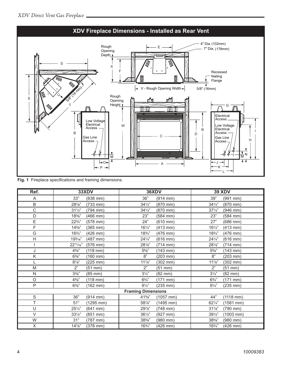 Xdv direct vent gas fireplace, Xdv fireplace dimensions - installed as rear vent | Vermont Casting 36XDV User Manual | Page 4 / 56