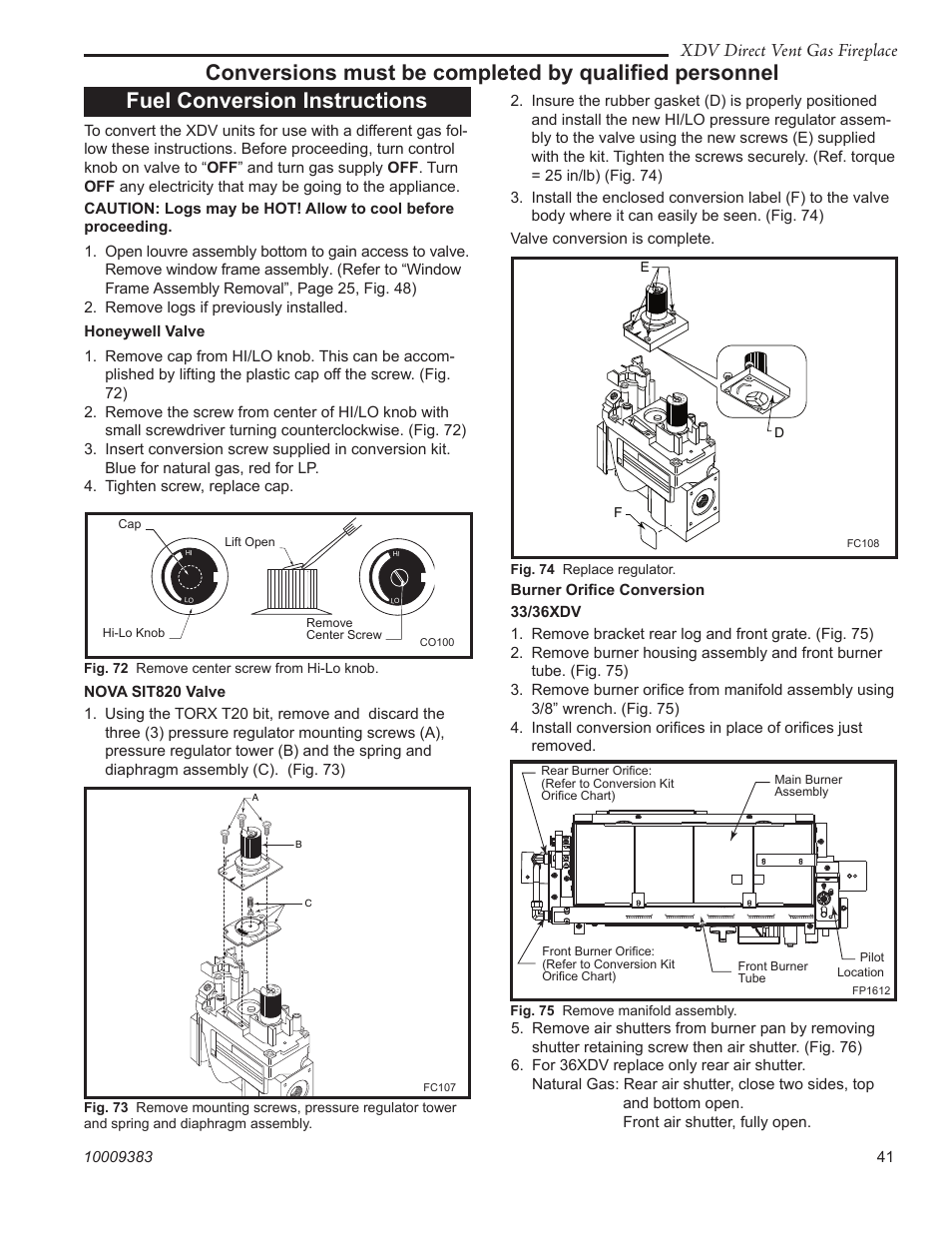 Fuel conversion instructions, Xdv direct vent gas fireplace | Vermont Casting 36XDV User Manual | Page 41 / 56