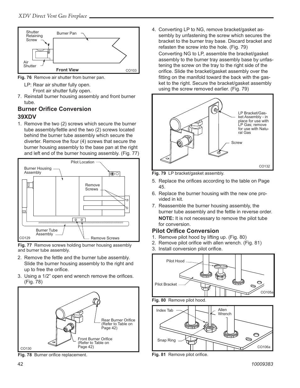 Xdv direct vent gas fireplace, Burner oriﬁce conversion 39xdv, Pilot oriﬁce conversion | Vermont Casting 36XDV User Manual | Page 42 / 56
