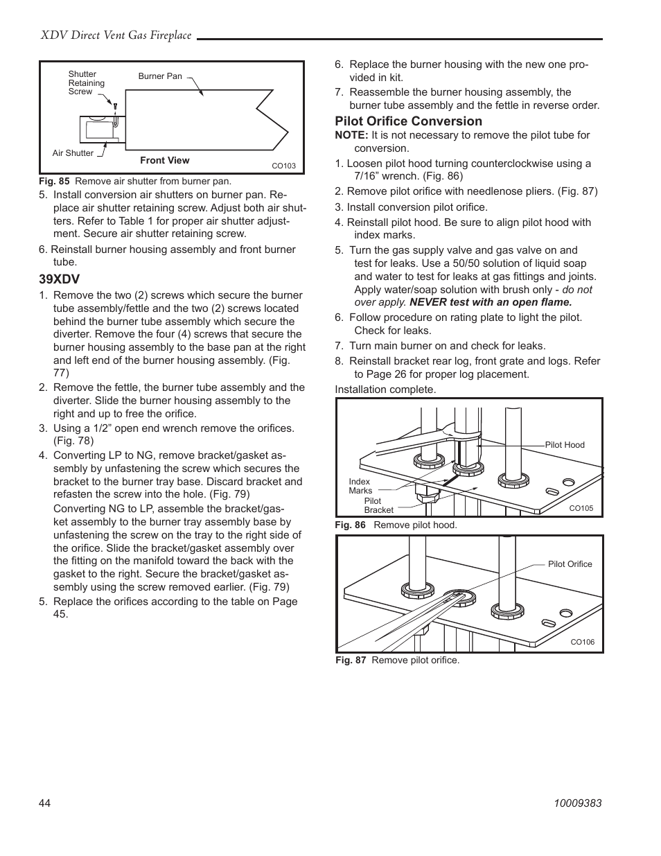 Xdv direct vent gas fireplace, 39xdv, Pilot oriﬁce conversion | Vermont Casting 36XDV User Manual | Page 44 / 56