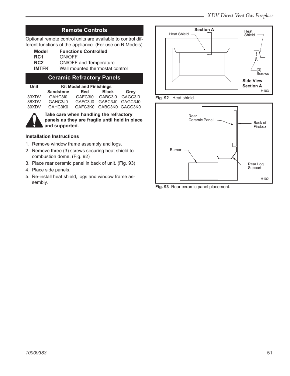 Xdv direct vent gas fireplace remote controls, Ceramic refractory panels | Vermont Casting 36XDV User Manual | Page 51 / 56