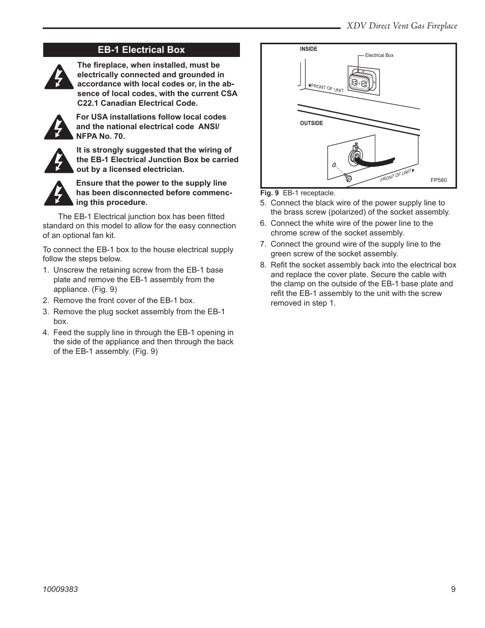 Xdv direct vent gas fireplace, Eb-1 electrical box | Vermont Casting 36XDV User Manual | Page 9 / 56
