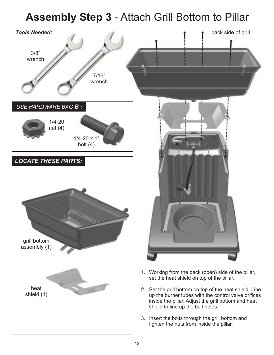 Assembly step 3 - attach grill bottom to pillar | Vermont Casting 6100 User Manual | Page 11 / 32