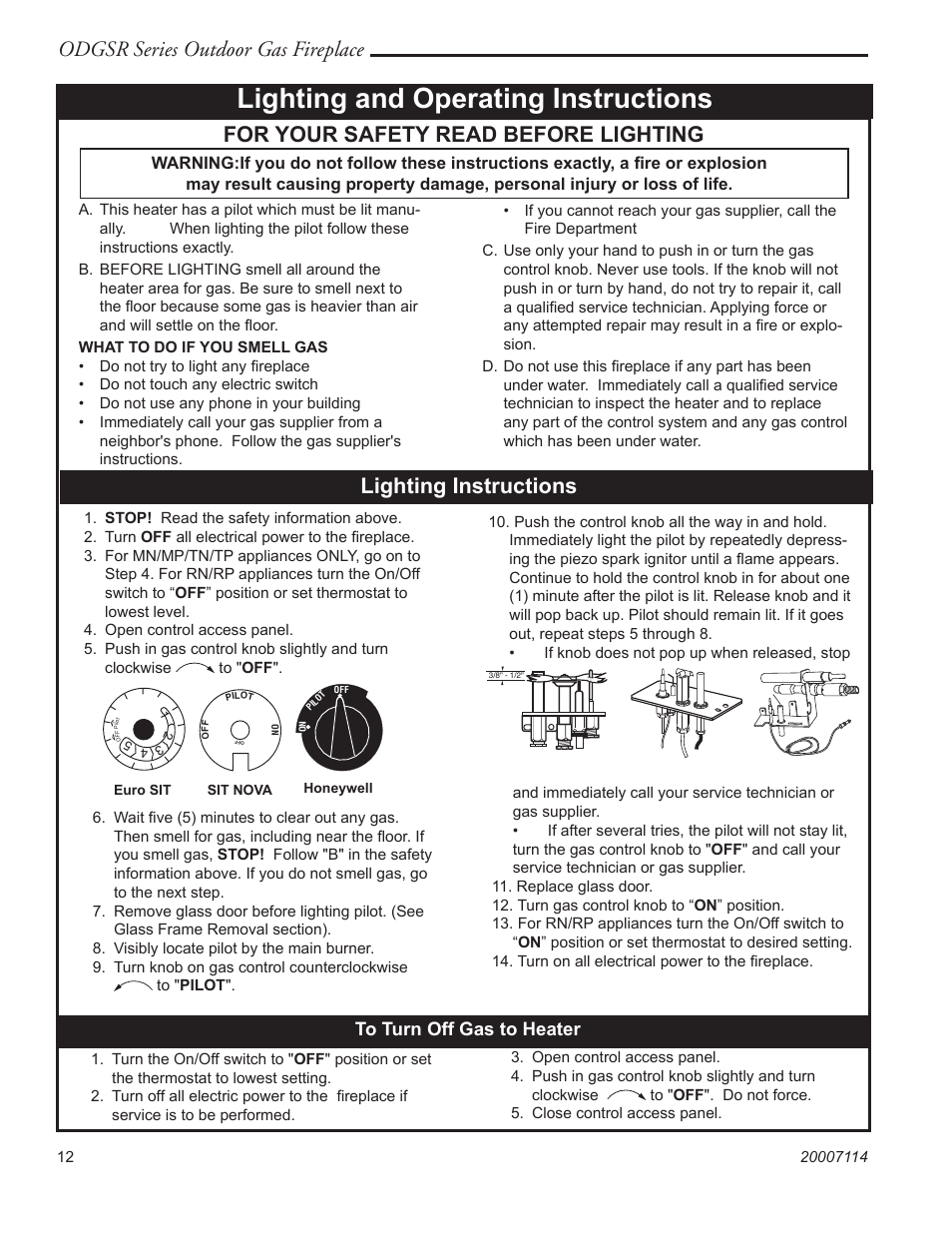 Lighting and operating instructions, Odgsr series outdoor gas fireplace, For your safety read before lighting | Lighting instructions | Vermont Casting ODGSR36A  EN User Manual | Page 12 / 20