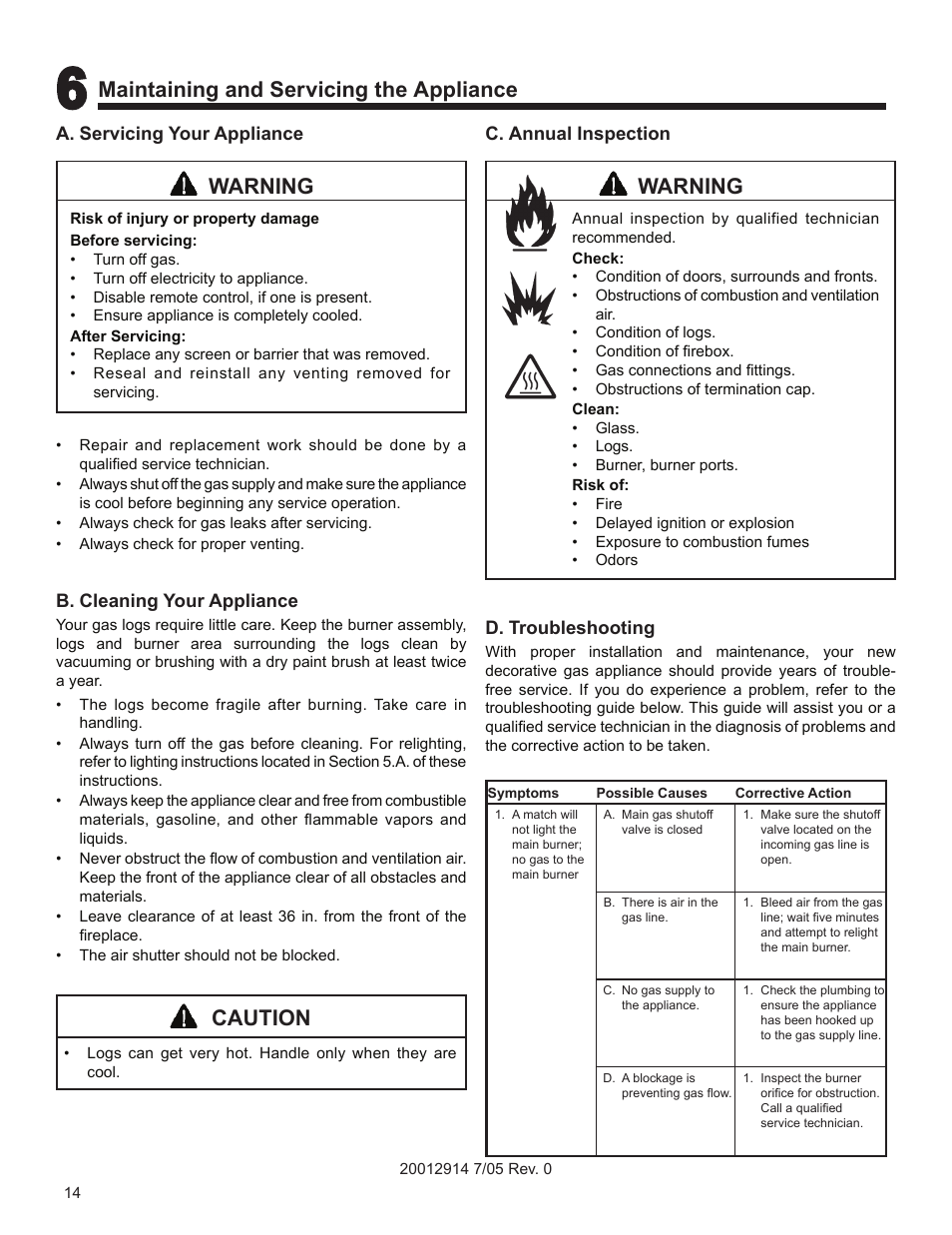 Maintaining and servicing the appliance, Caution, Warning | Vermont Casting MO18 User Manual | Page 14 / 18
