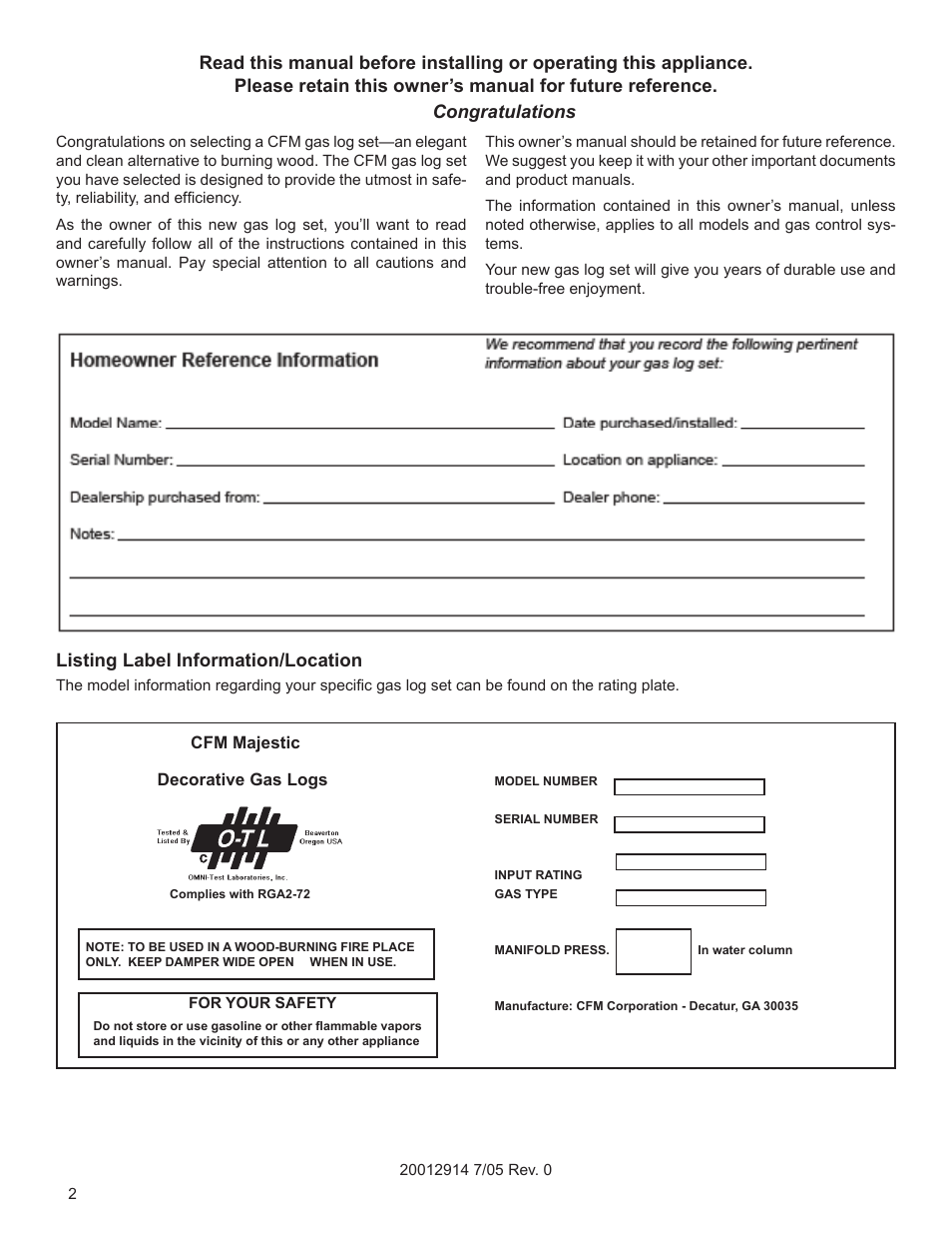 Listing label information/location | Vermont Casting MO18 User Manual | Page 2 / 18