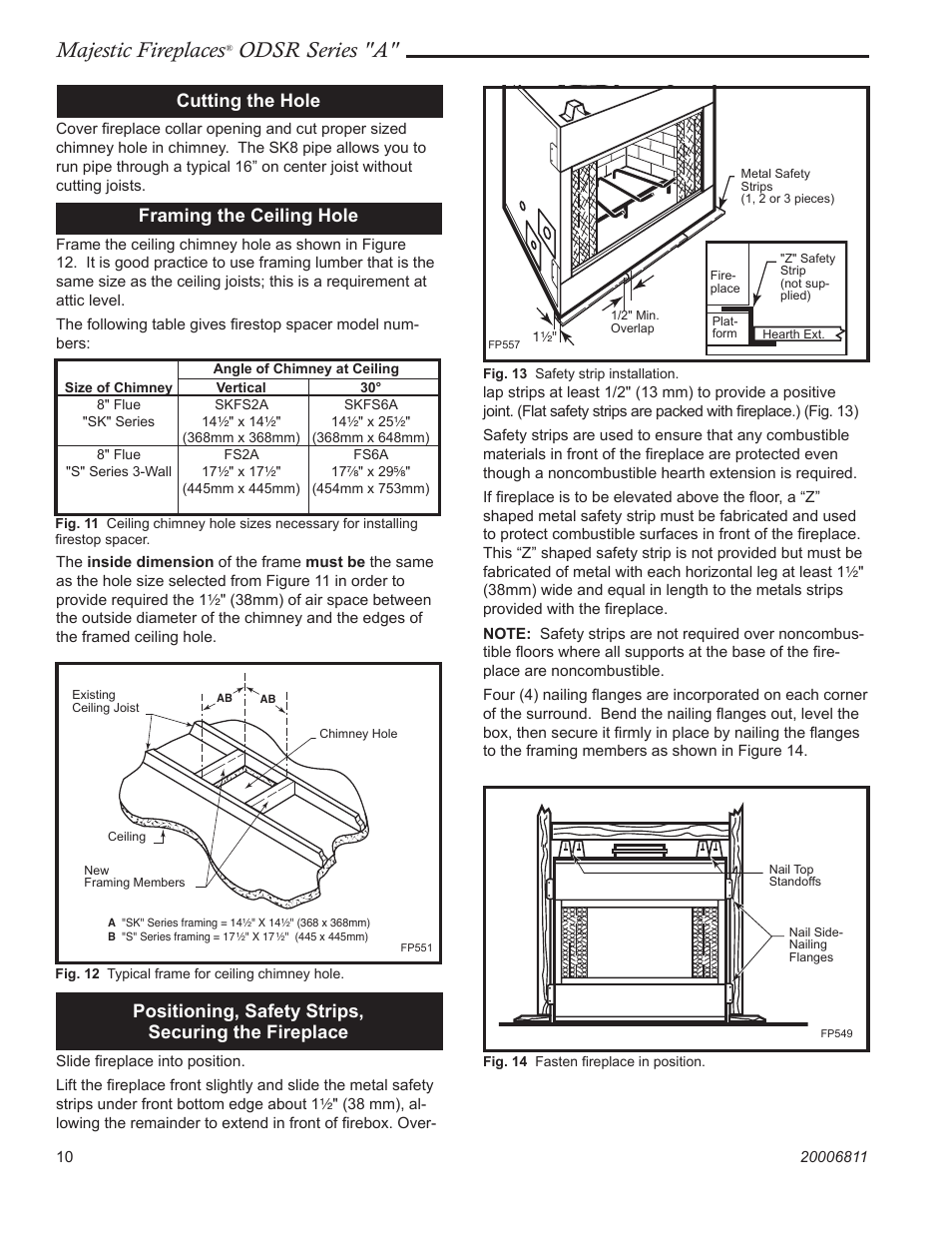 Majestic fireplaces, Odsr series "a, Cutting the hole | Framing the ceiling hole, Positioning, safety strips, securing the fireplace | Vermont Casting ODSR36A User Manual | Page 10 / 24