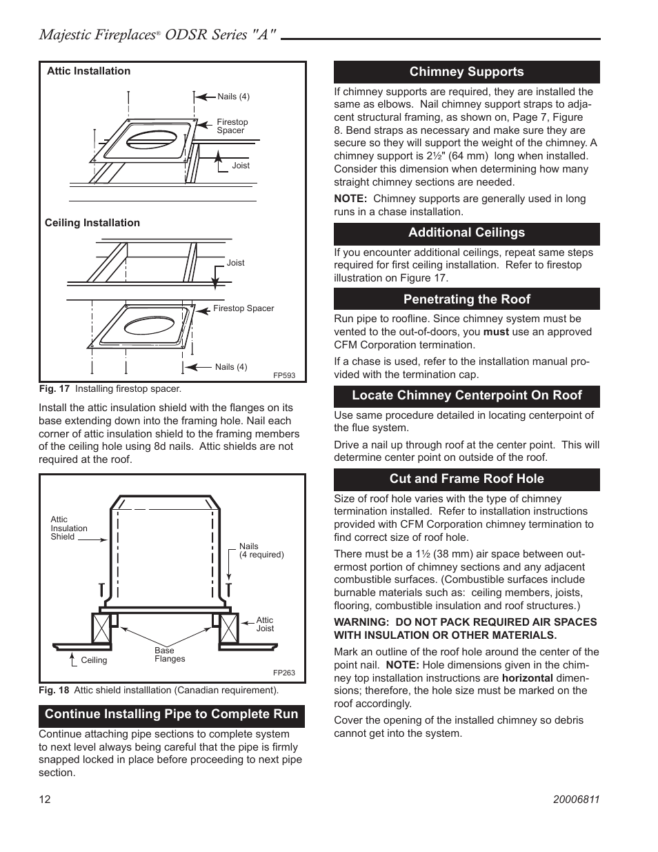 Majestic fireplaces, Odsr series "a, Continue installing pipe to complete run | Chimney supports, Additional ceilings, Penetrating the roof, Locate chimney centerpoint on roof, Cut and frame roof hole | Vermont Casting ODSR36A User Manual | Page 12 / 24