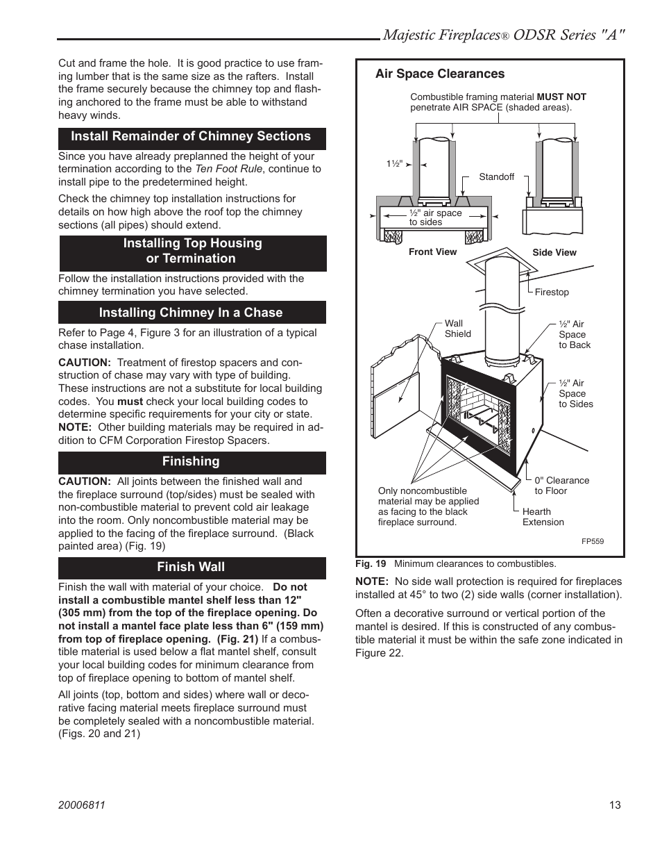 Majestic fireplaces, Odsr series "a, Installing top housing or termination | Installing chimney in a chase, Finishing, Finish wall, Air space clearances | Vermont Casting ODSR36A User Manual | Page 13 / 24