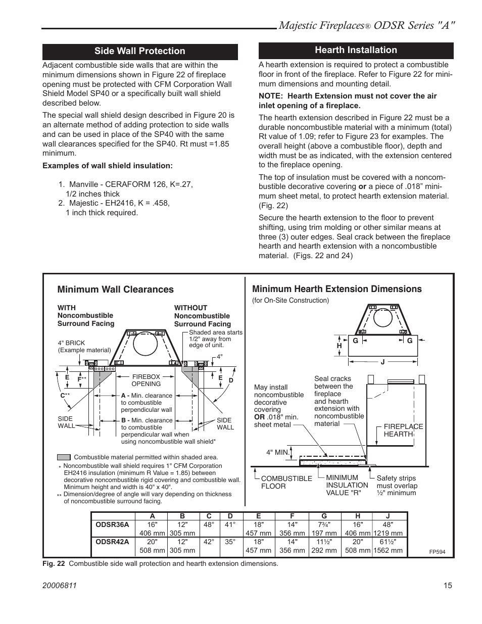 Majestic fireplaces, Odsr series "a, Minimum wall clearances | Minimum hearth extension dimensions, Side wall protection, Hearth installation | Vermont Casting ODSR36A User Manual | Page 15 / 24