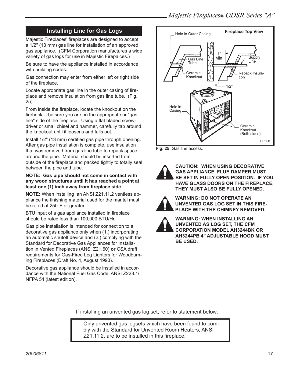 Majestic fireplaces, Odsr series "a, Installing line for gas logs | Vermont Casting ODSR36A User Manual | Page 17 / 24