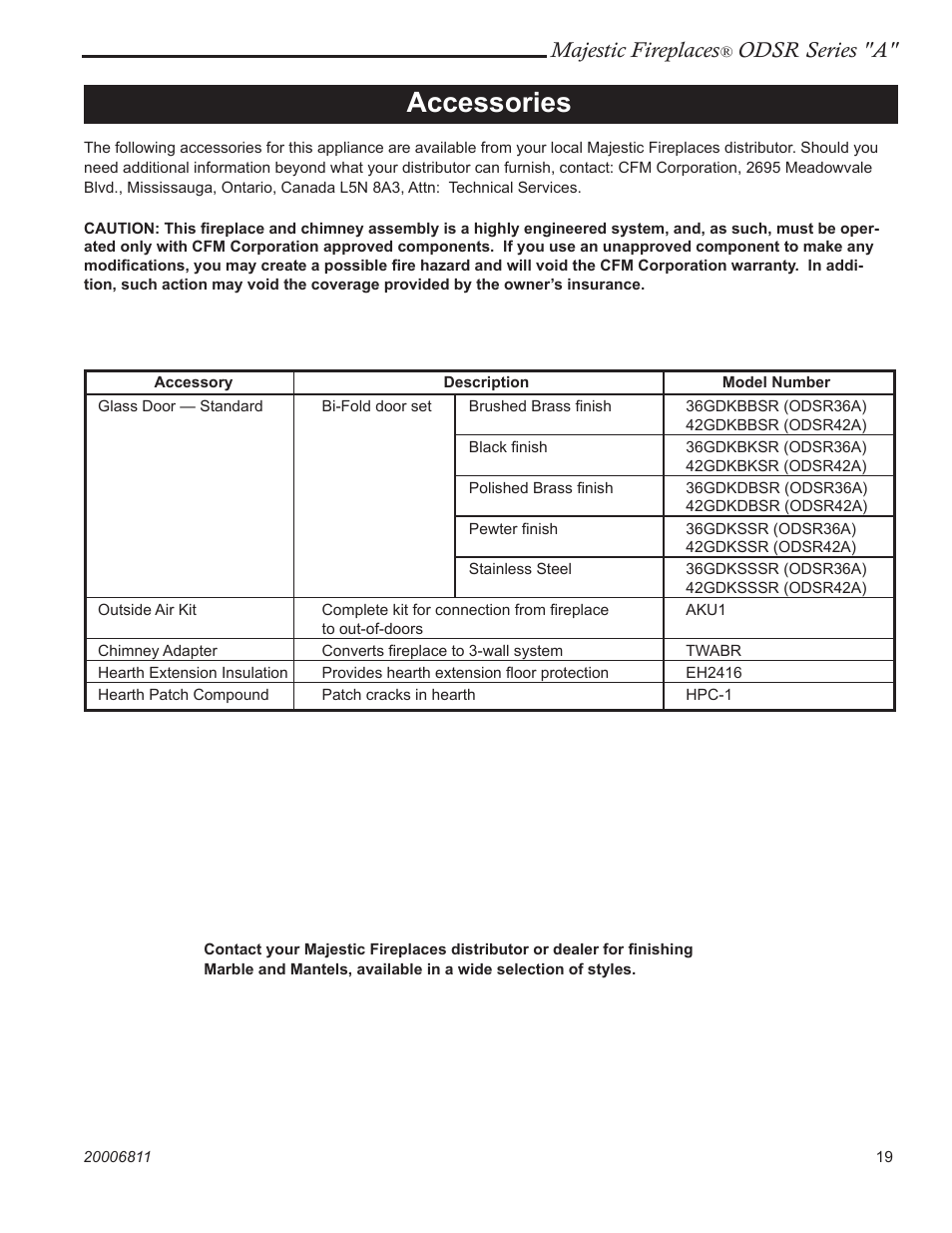 Accessories, Majestic fireplaces, Odsr series "a | Vermont Casting ODSR36A User Manual | Page 19 / 24