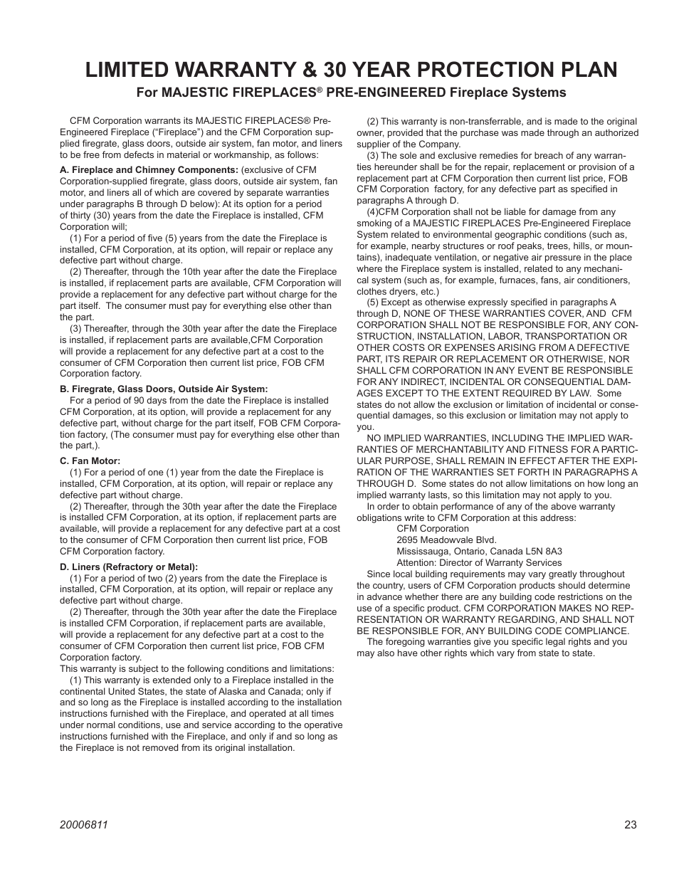 Limited warranty & 30 year protection plan, Majestic fireplaces, Odsr series "a | Vermont Casting ODSR36A User Manual | Page 23 / 24