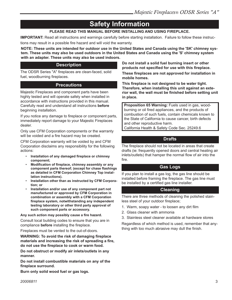 Safety information, Majestic fireplaces, Odsr series "a | Vermont Casting ODSR36A User Manual | Page 3 / 24