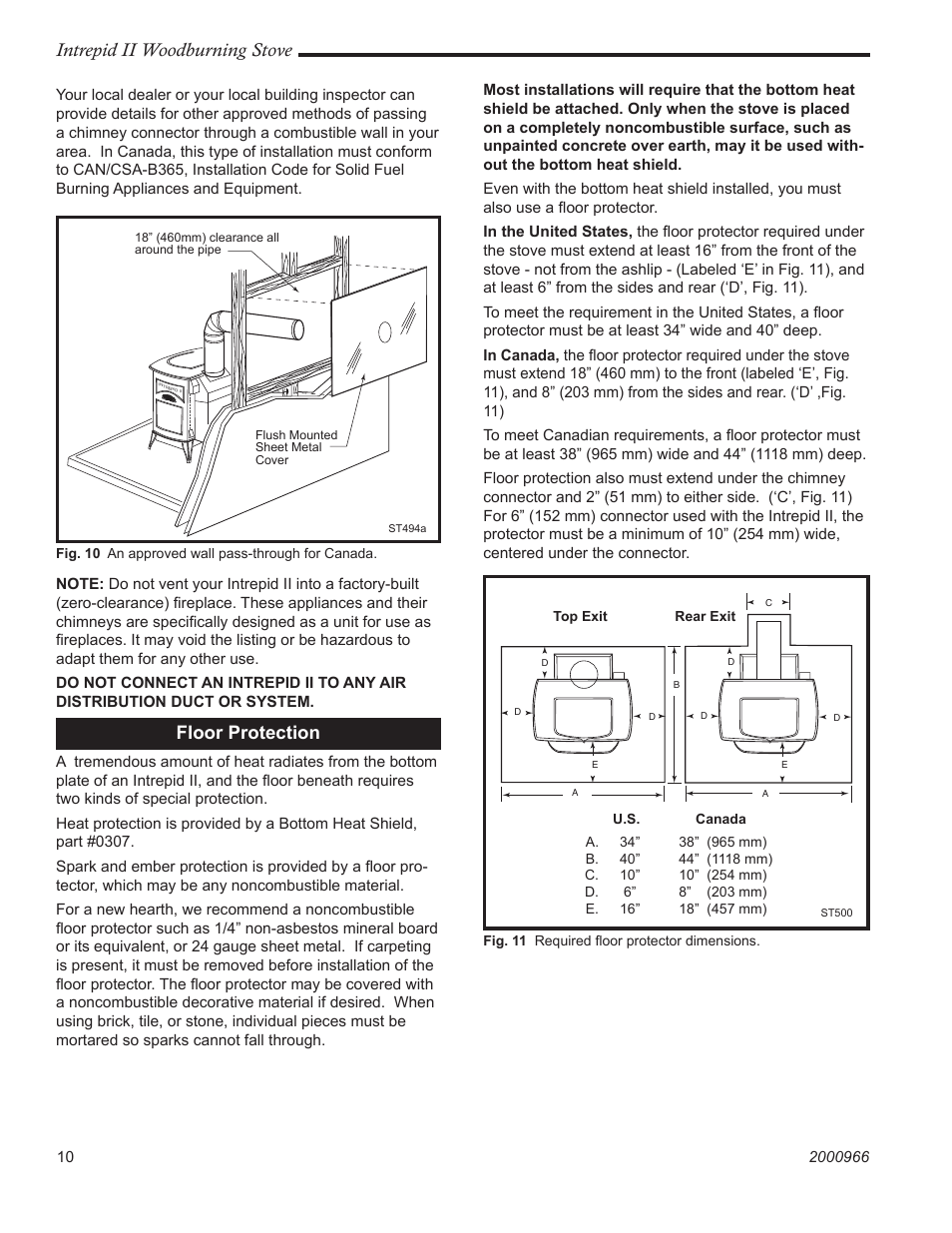 Intrepid ii woodburning stove, Floor protection | Vermont Casting 1990 User Manual | Page 10 / 40