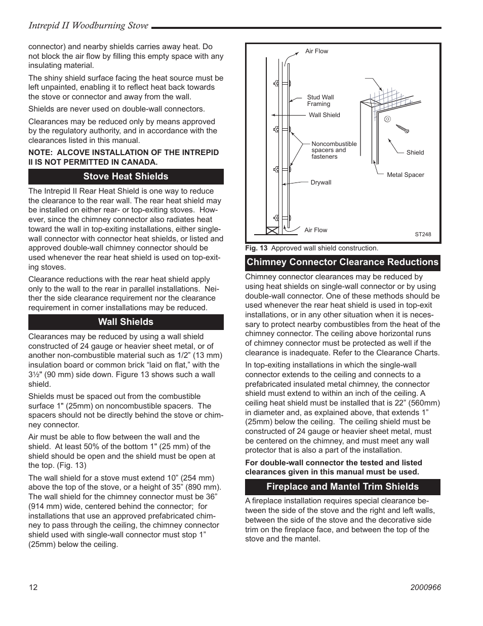Intrepid ii woodburning stove, Stove heat shields, Wall shields | Chimney connector clearance reductions, Fireplace and mantel trim shields | Vermont Casting 1990 User Manual | Page 12 / 40