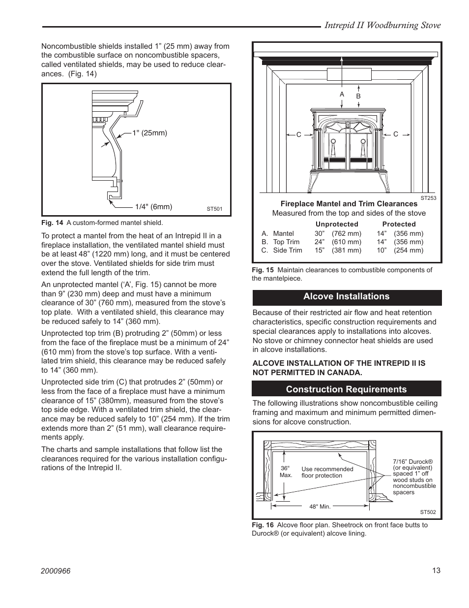 Intrepid ii woodburning stove, Alcove installations, Construction requirements | Vermont Casting 1990 User Manual | Page 13 / 40
