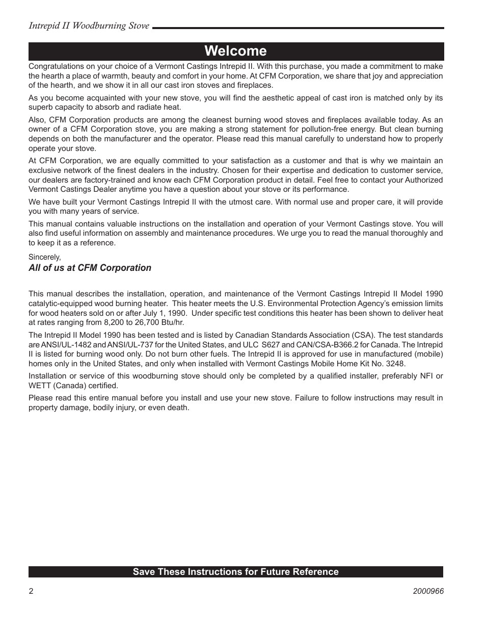 Welcome | Vermont Casting 1990 User Manual | Page 2 / 40