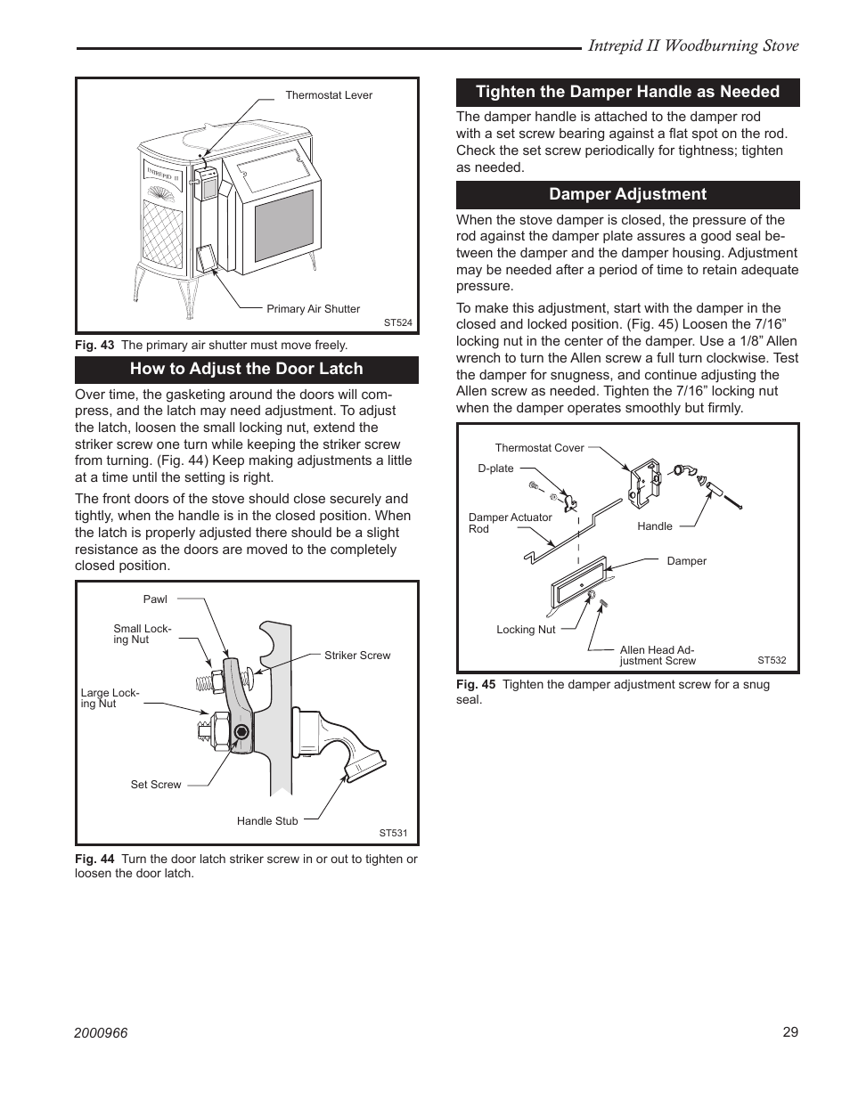 Intrepid ii woodburning stove, How to adjust the door latch, Tighten the damper handle as needed | Damper adjustment | Vermont Casting 1990 User Manual | Page 29 / 40