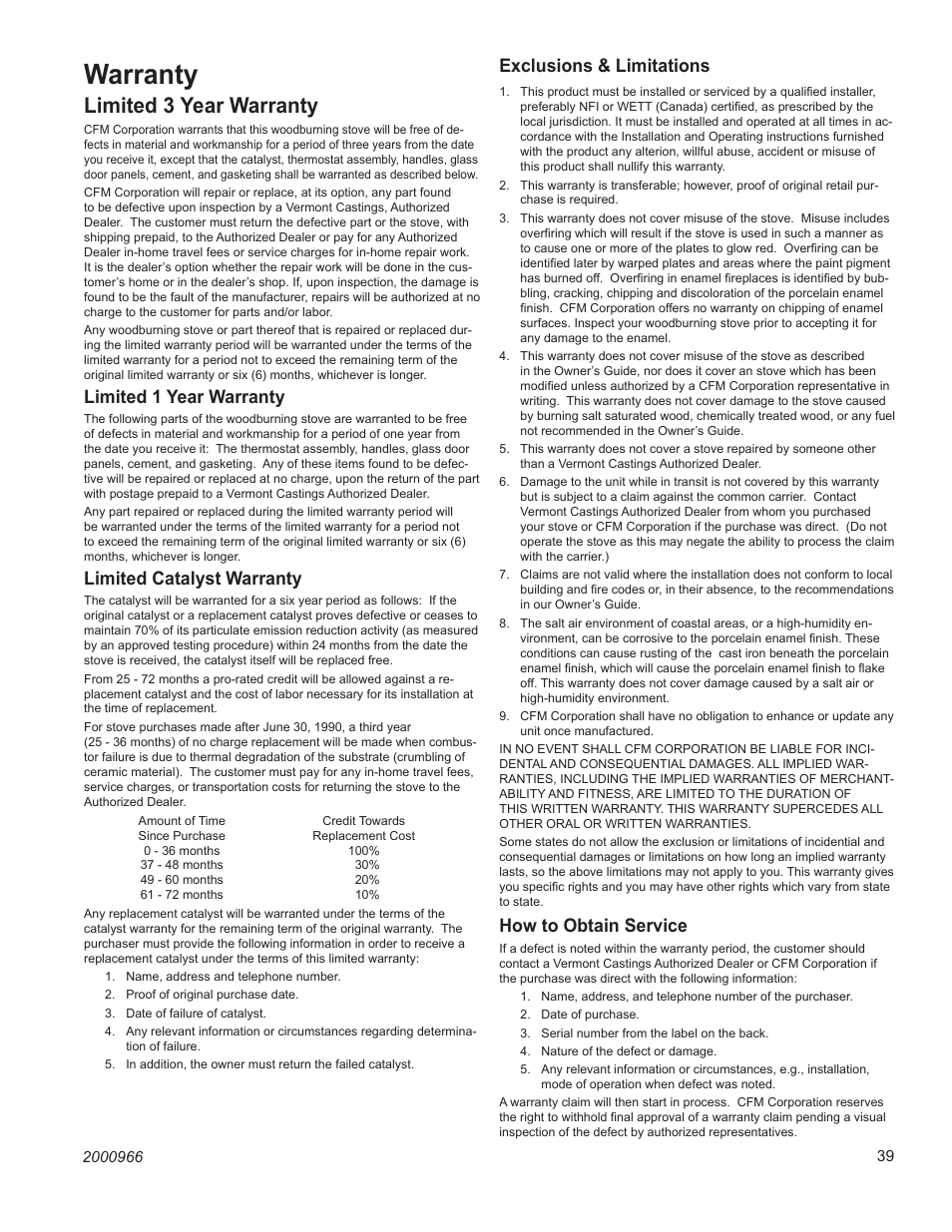 Warranty, Limited 3 year warranty, Intrepid ii woodburning stove | Limited 1 year warranty, Limited catalyst warranty, Exclusions & limitations, How to obtain service | Vermont Casting 1990 User Manual | Page 39 / 40