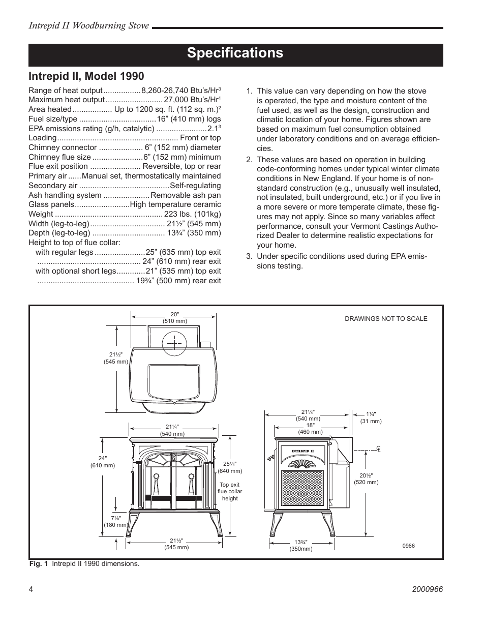 Speciﬁcations, Intrepid ii, model 1990, Intrepid ii woodburning stove | Vermont Casting 1990 User Manual | Page 4 / 40