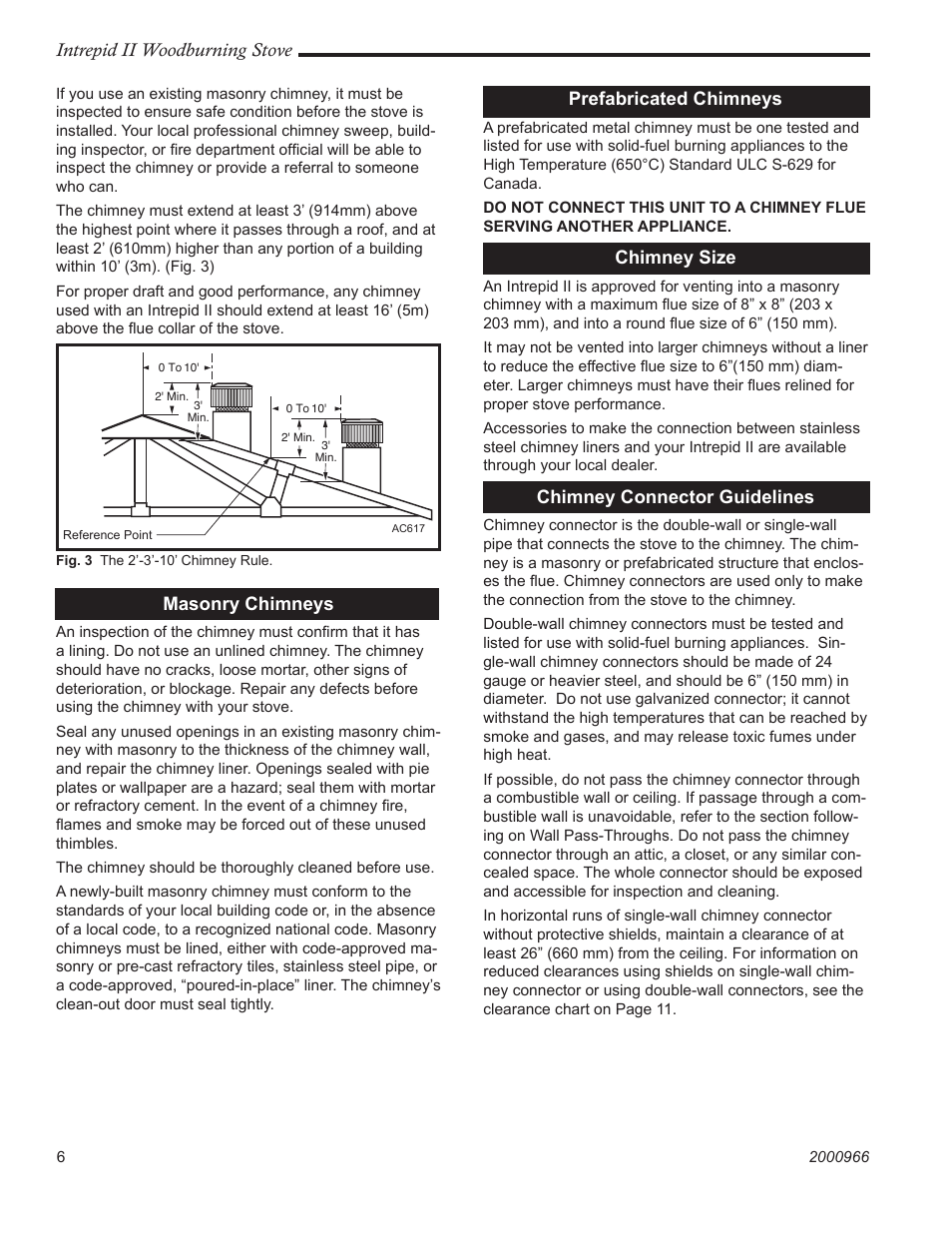 Intrepid ii woodburning stove, Masonry chimneys, Prefabricated chimneys | Chimney size, Chimney connector guidelines | Vermont Casting 1990 User Manual | Page 6 / 40