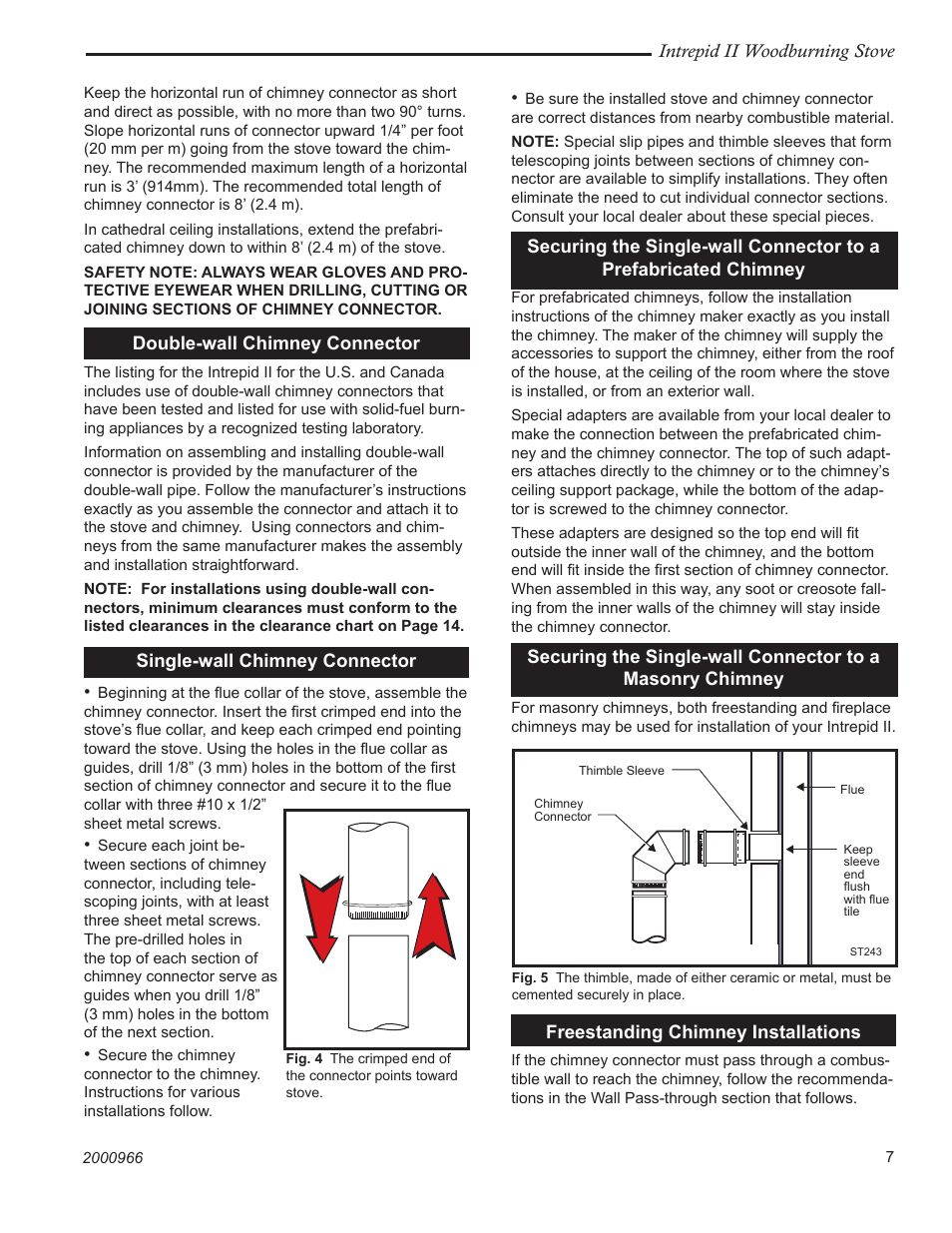 Intrepid ii woodburning stove, Double-wall chimney connector, Single-wall chimney connector | Freestanding chimney installations | Vermont Casting 1990 User Manual | Page 7 / 40