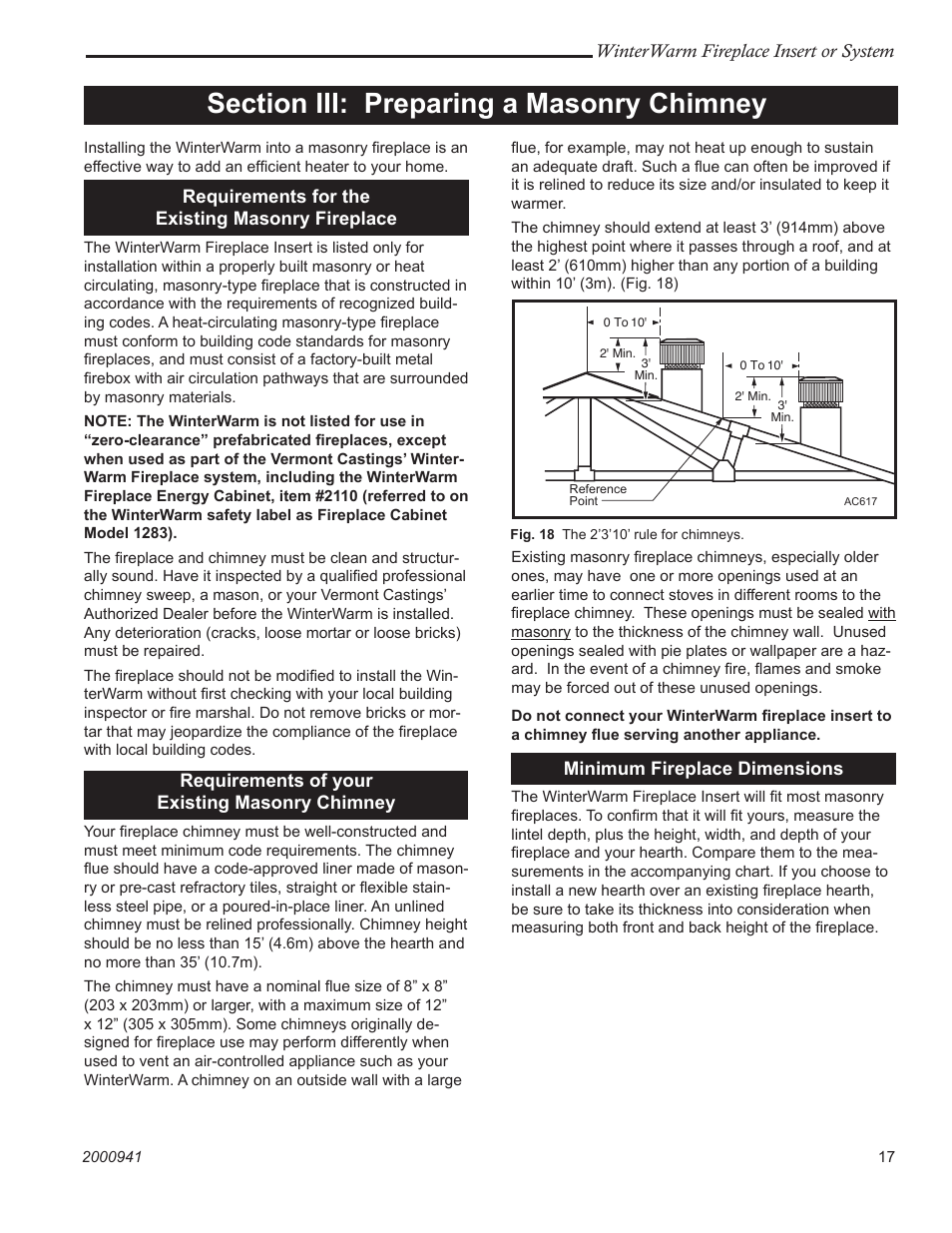 Winterwarm fireplace insert or system, Requirements for the existing masonry fireplace, Requirements of your existing masonry chimney | Minimum fireplace dimensions | Vermont Casting WinterWarm Fireplace Insert or System User Manual | Page 17 / 44