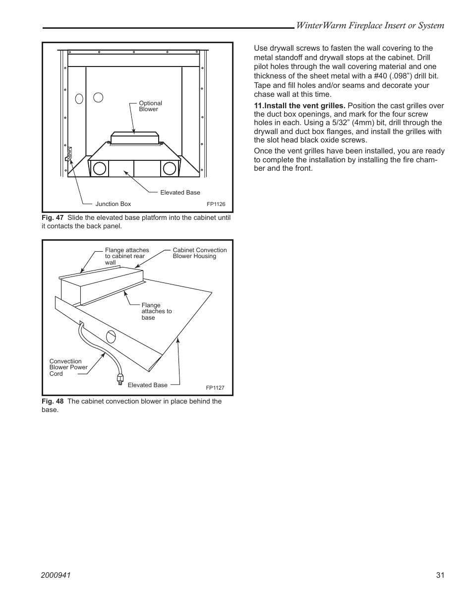 Fp1126 optional blower, Winterwarm fireplace insert or system | Vermont Casting WinterWarm Fireplace Insert or System User Manual | Page 31 / 44