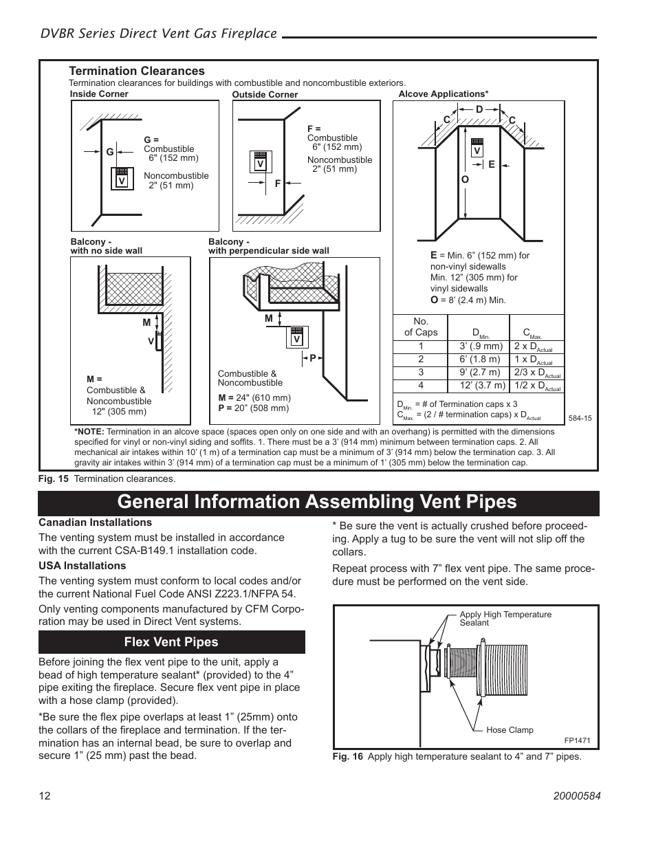 General information assembling vent pipes, Fp1471 flex vent, Dvbr series direct vent gas fireplace | Flex vent pipes, Termination clearances | Vermont Casting DVBR36 User Manual | Page 12 / 40