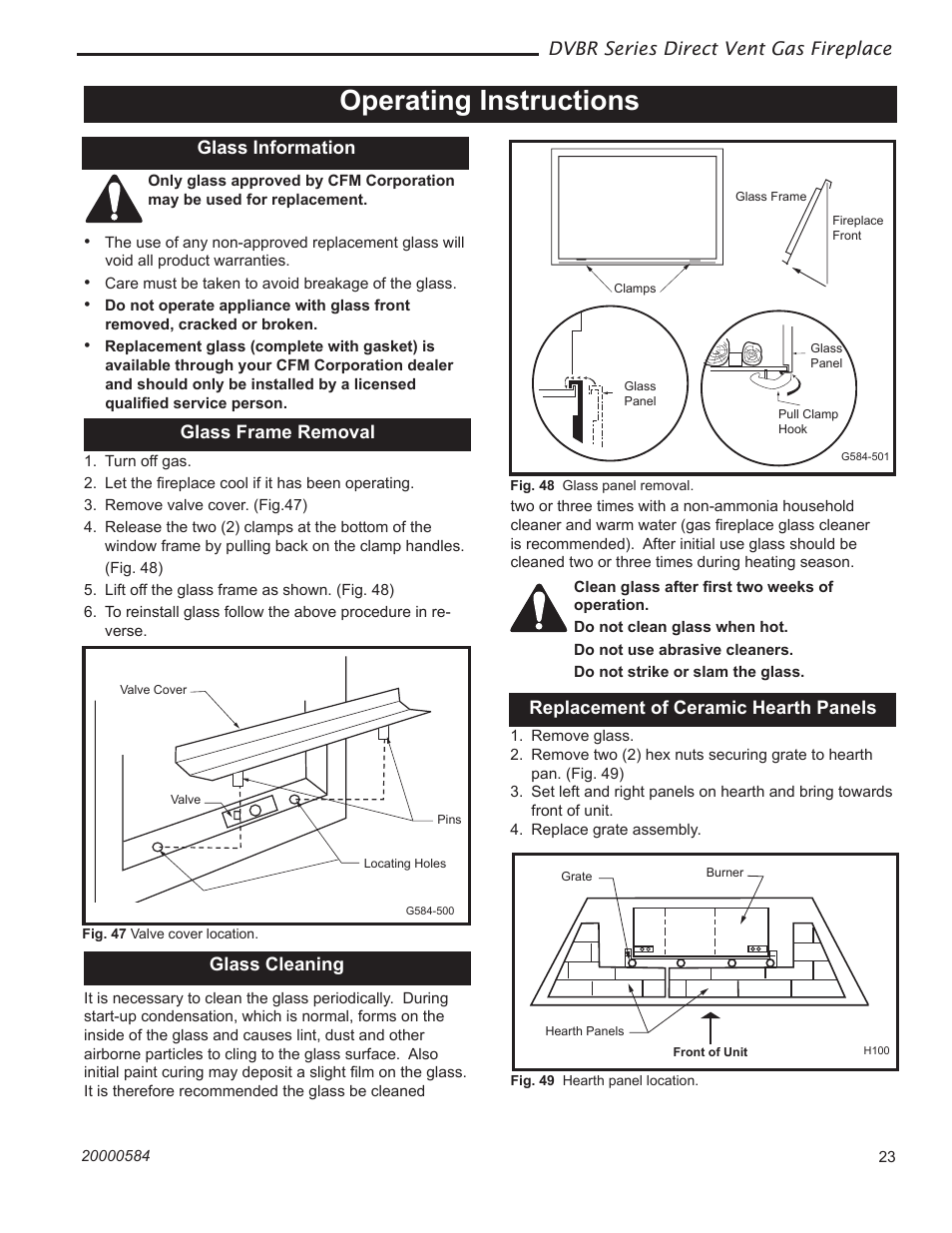 Operating instructions, Dvbr series direct vent gas fireplace, Glass information | Vermont Casting DVBR36 User Manual | Page 23 / 40