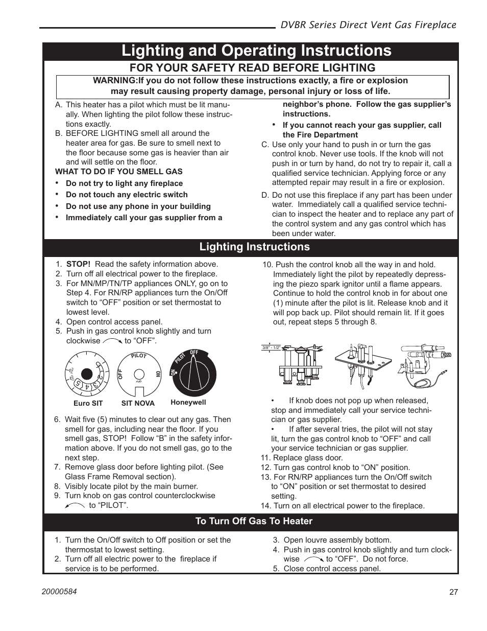 Lighting and operating instructions, For your safety read before lighting, Lighting instructions | Dvbr series direct vent gas fireplace | Vermont Casting DVBR36 User Manual | Page 27 / 40