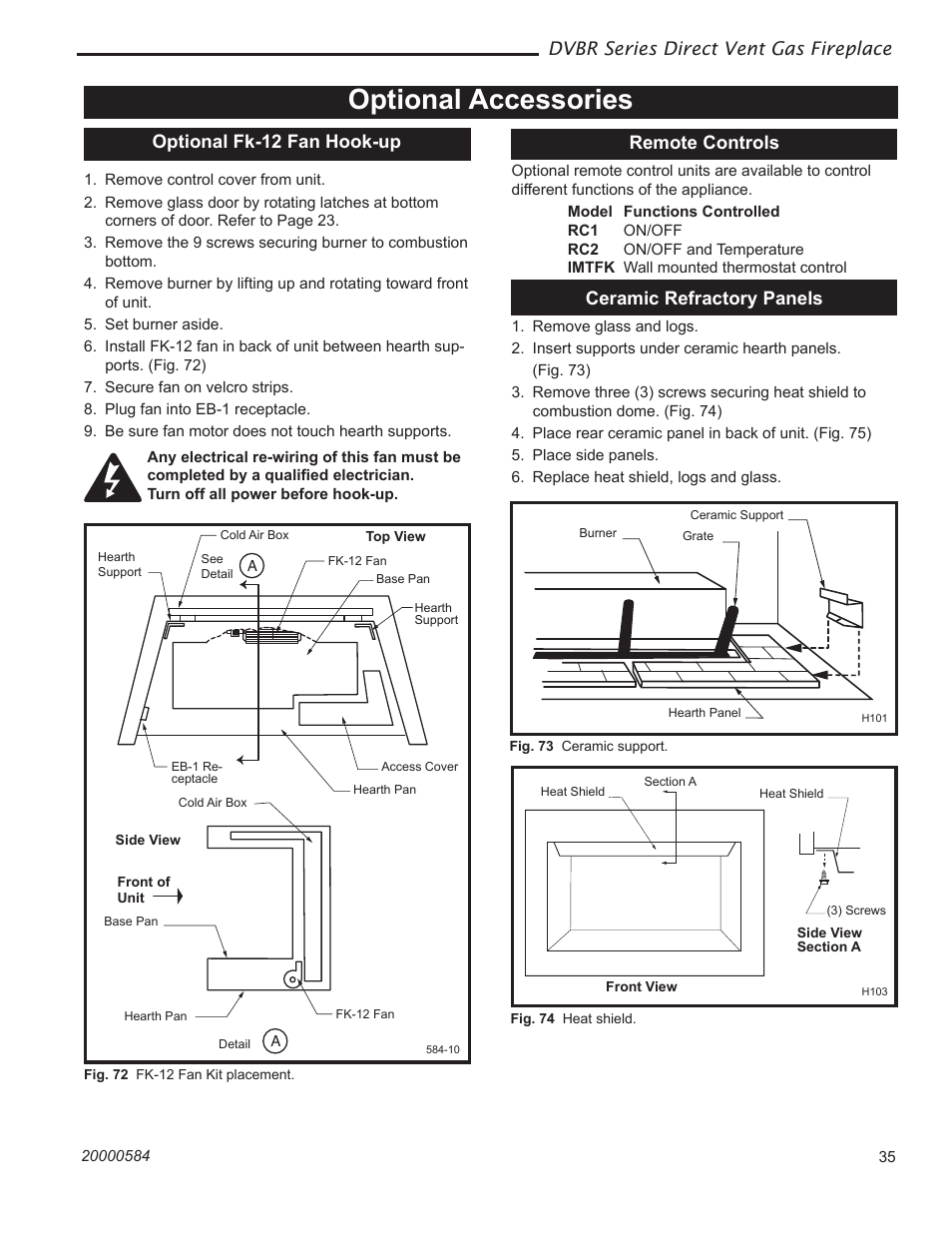 Optional accessories, Dvbr series direct vent gas fireplace, Optional fk-12 fan hook-up | Remote controls, Ceramic refractory panels | Vermont Casting DVBR36 User Manual | Page 35 / 40