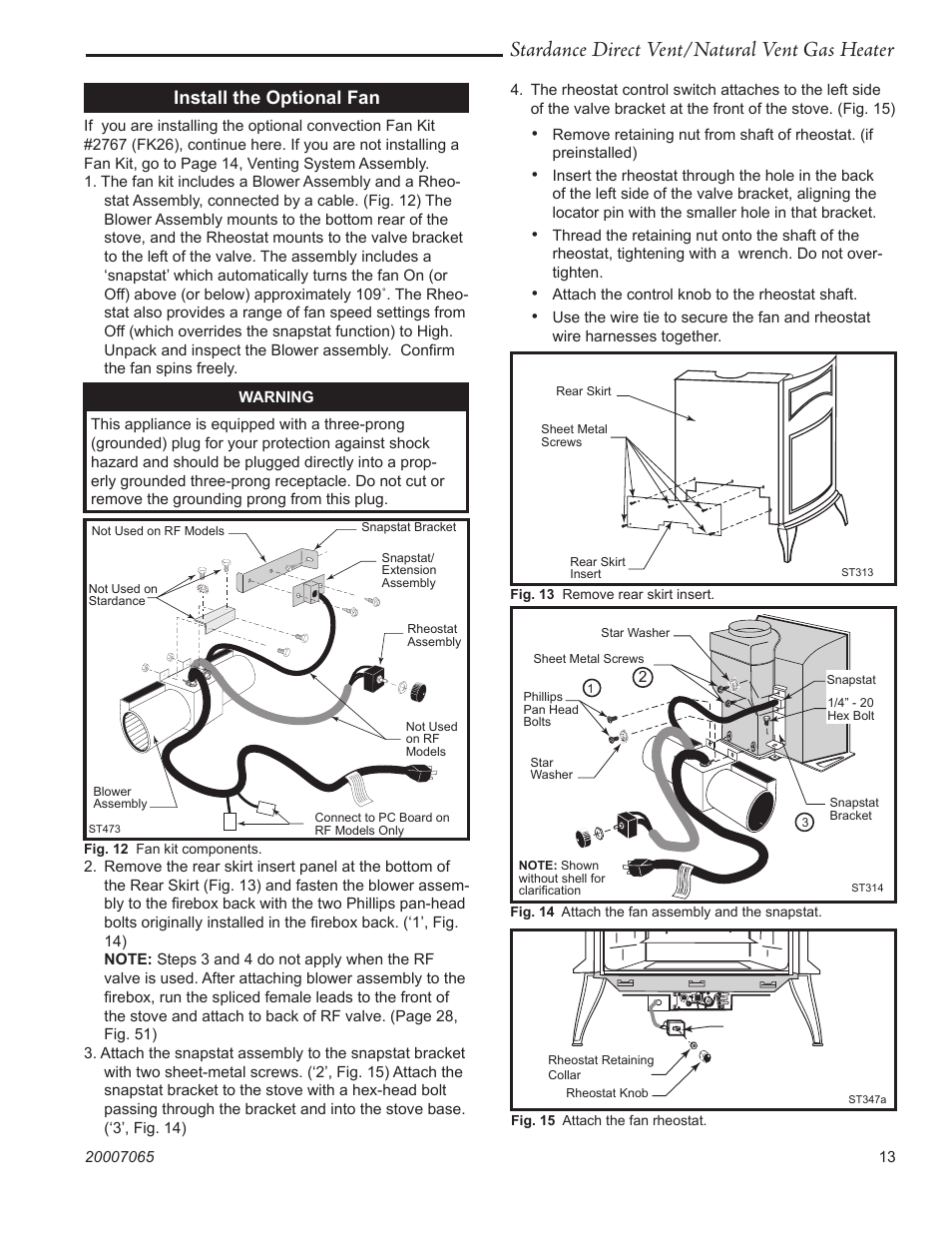 Stardance direct vent/natural vent gas heater, Install the optional fan | Vermont Casting Stardance SDV30 User Manual | Page 13 / 44