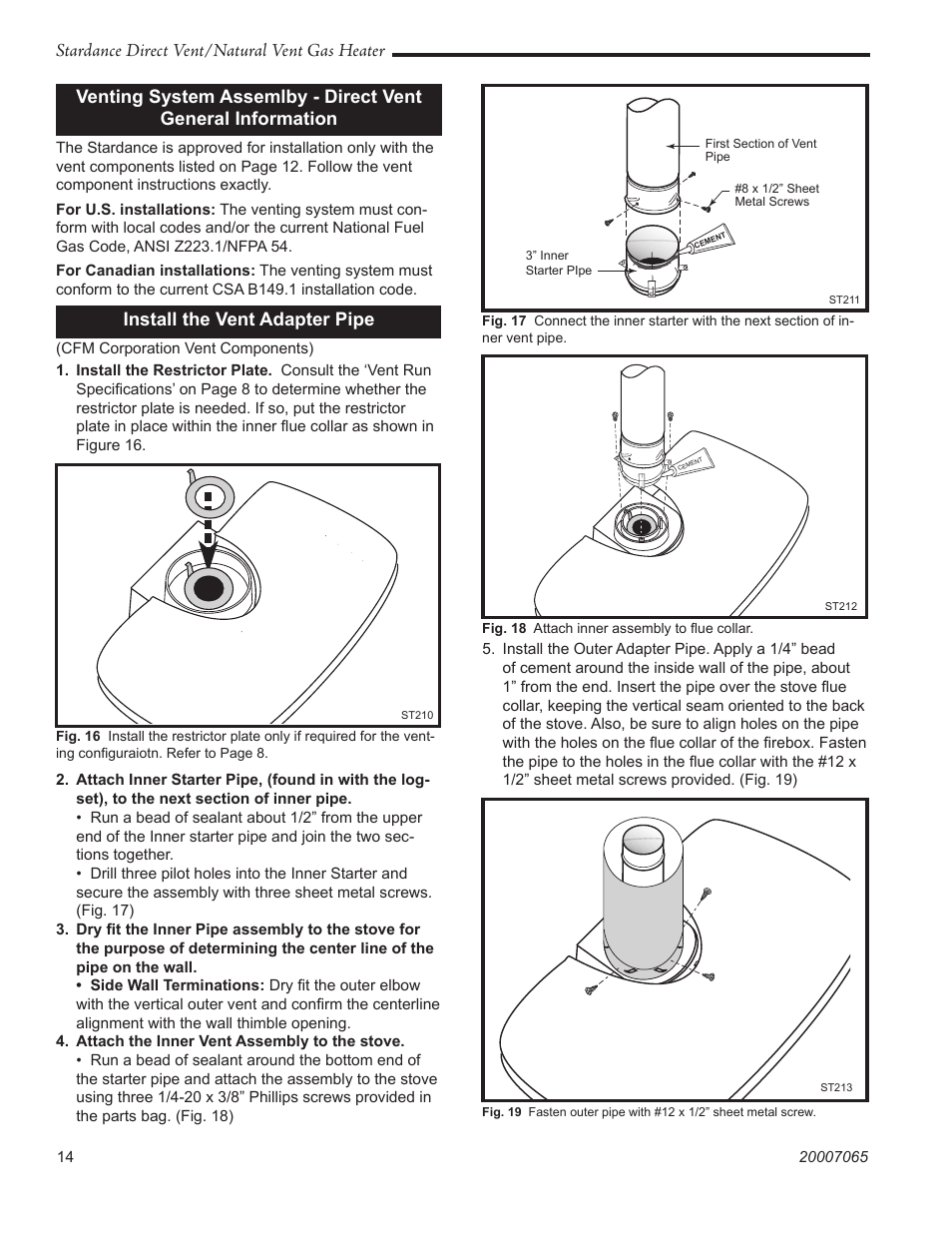 Stardance direct vent/natural vent gas heater, Install the vent adapter pipe | Vermont Casting Stardance SDV30 User Manual | Page 14 / 44